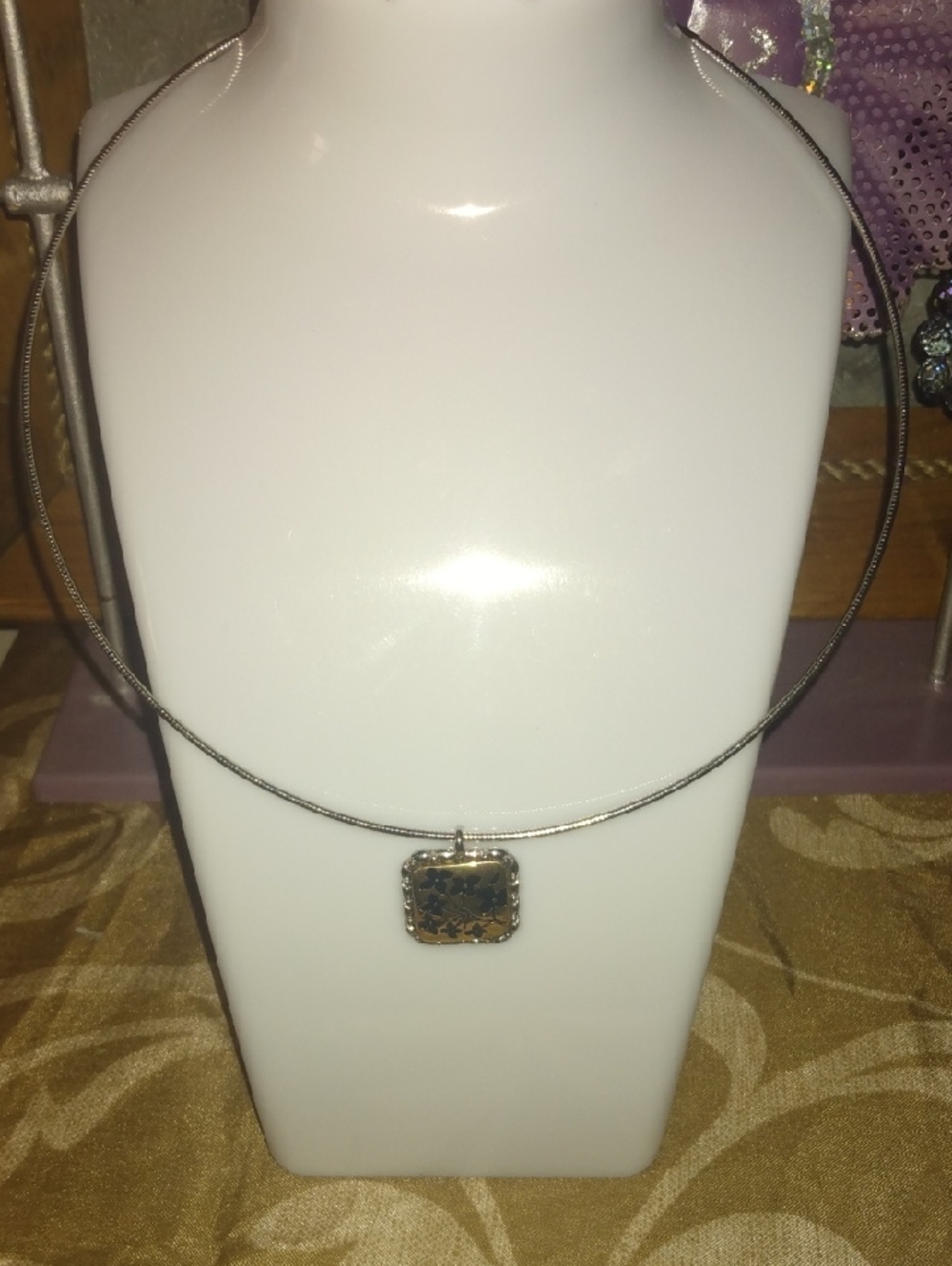 Lia Sophia Silver Tone Necklace with Brown Marbled Square Pendant